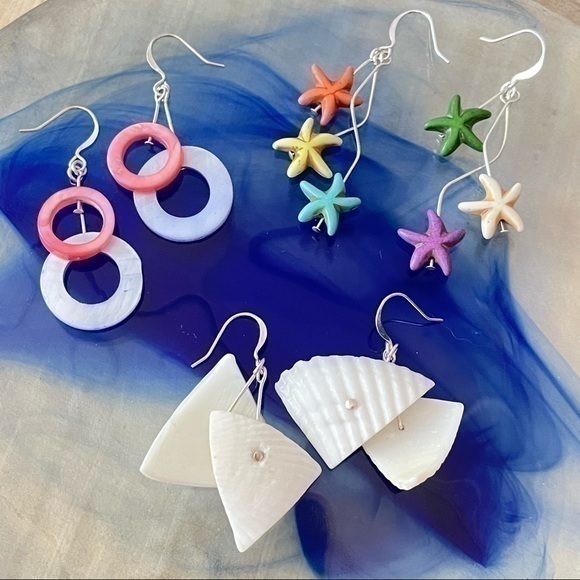 Bundle Deal Handmade Set Of 3 Pairs Earrings 1.5-2.25” Colorful Coastal Beach